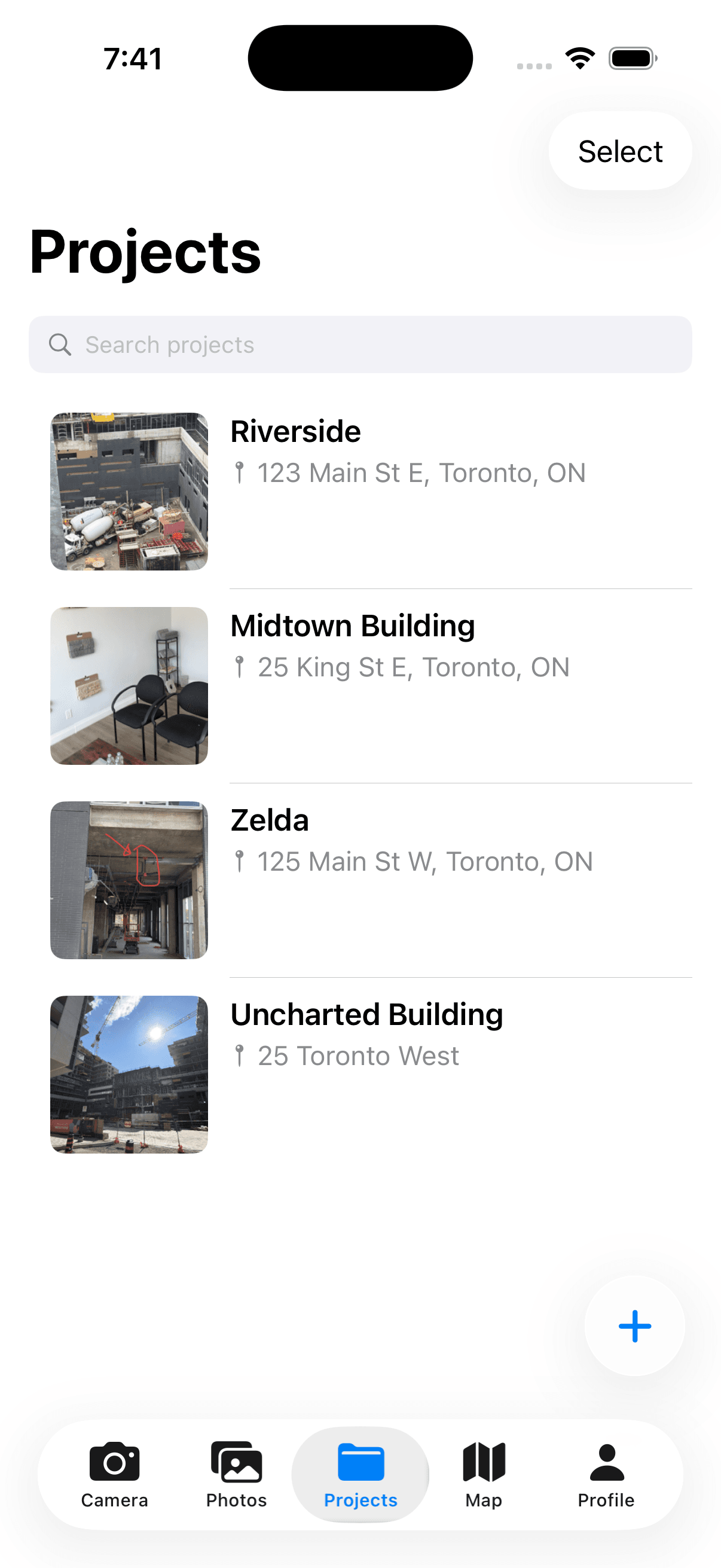 DustiCam project list inside the iPhone app