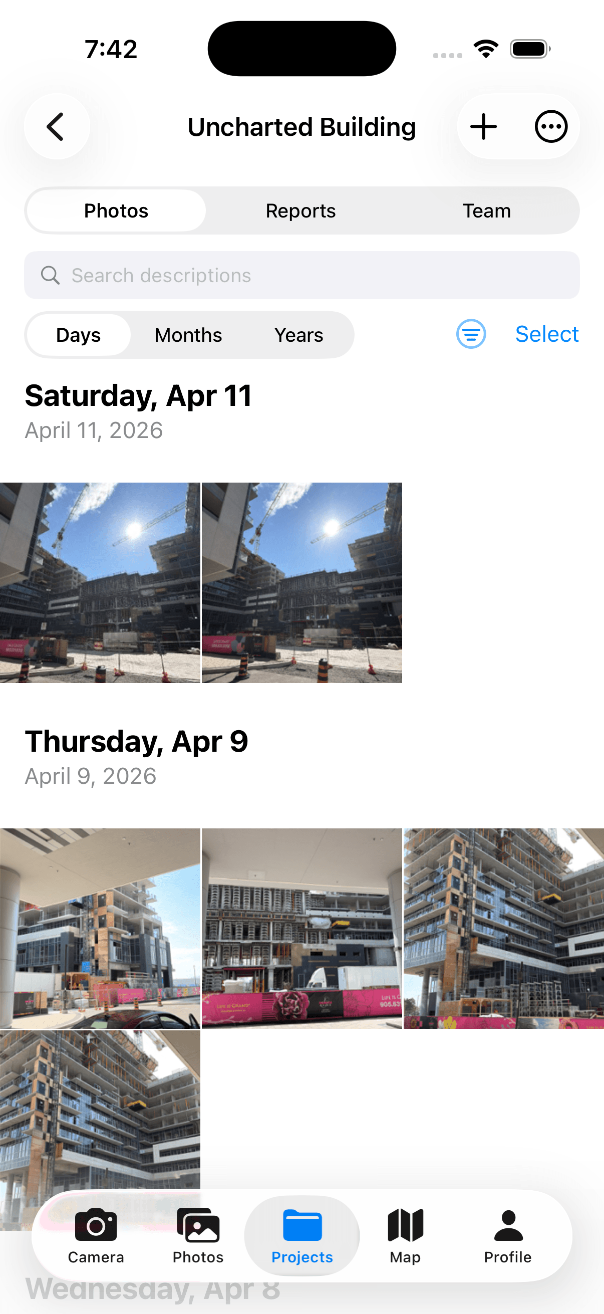DustiCam project photo timeline inside the iPhone app