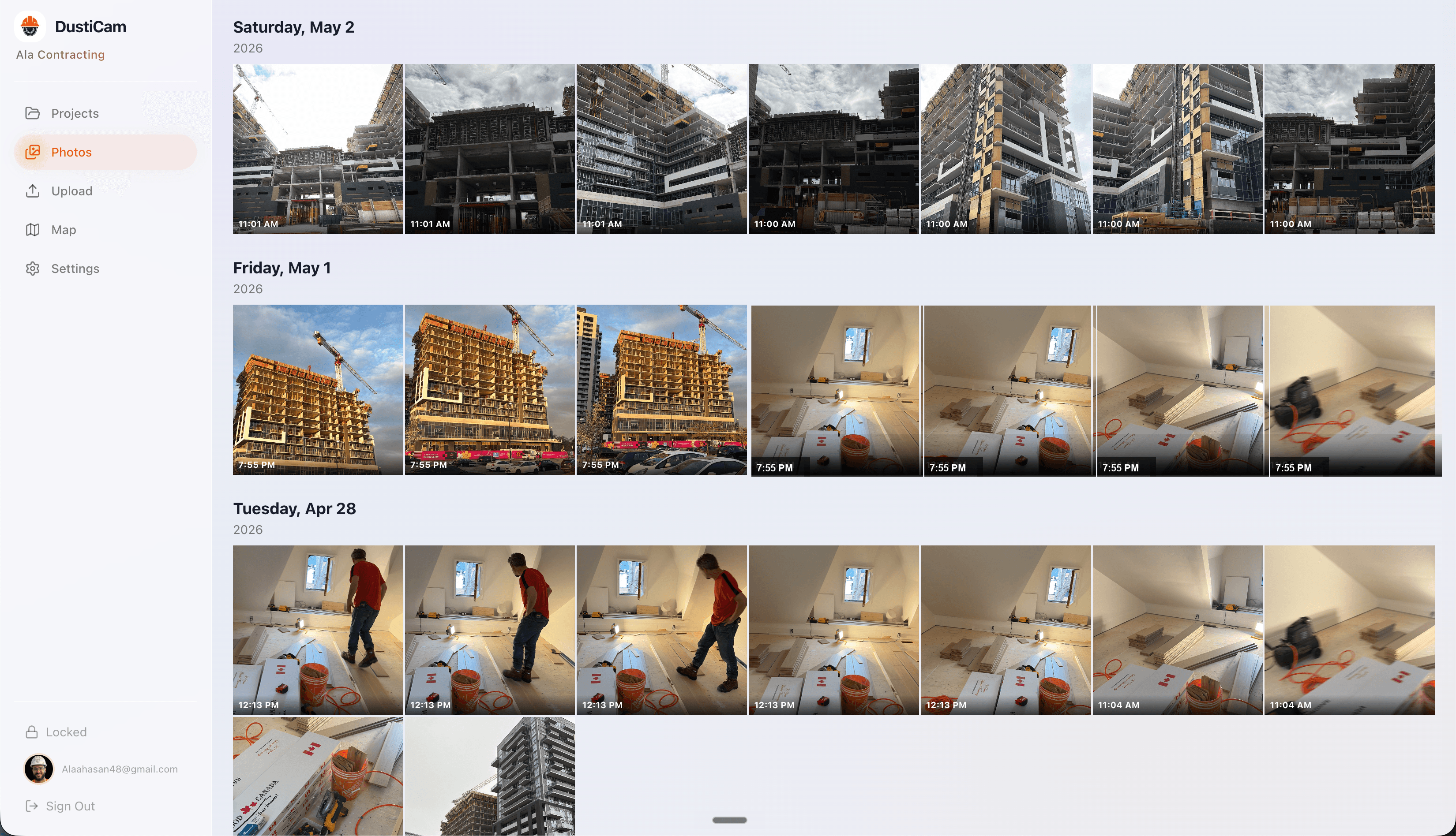 DustiCam web dashboard showing a construction photo archive