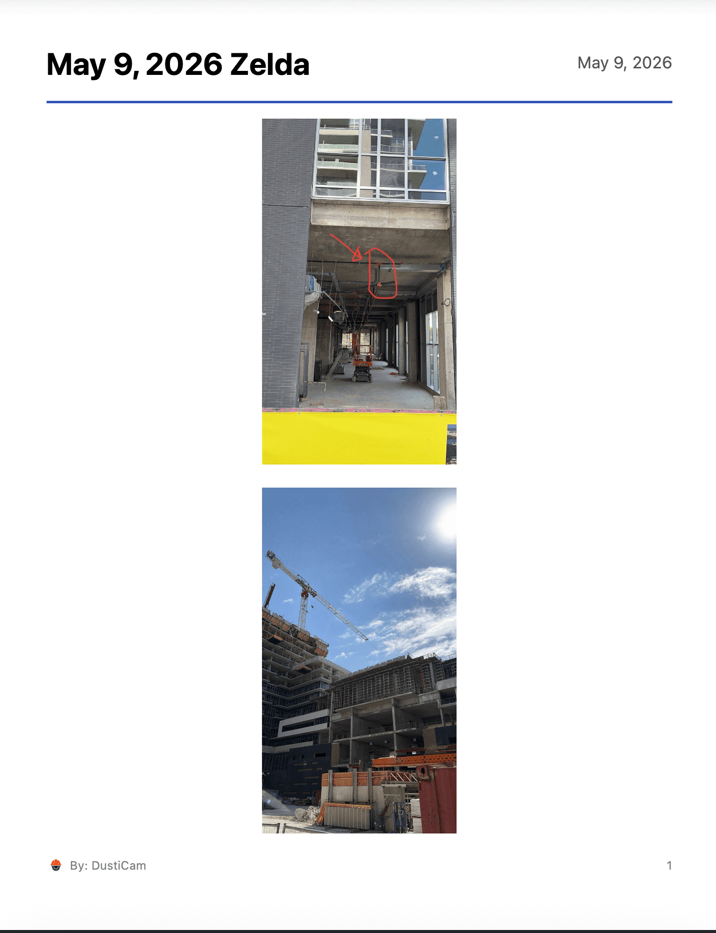 DustiCam exported report preview showing jobsite photos in a clean report layout