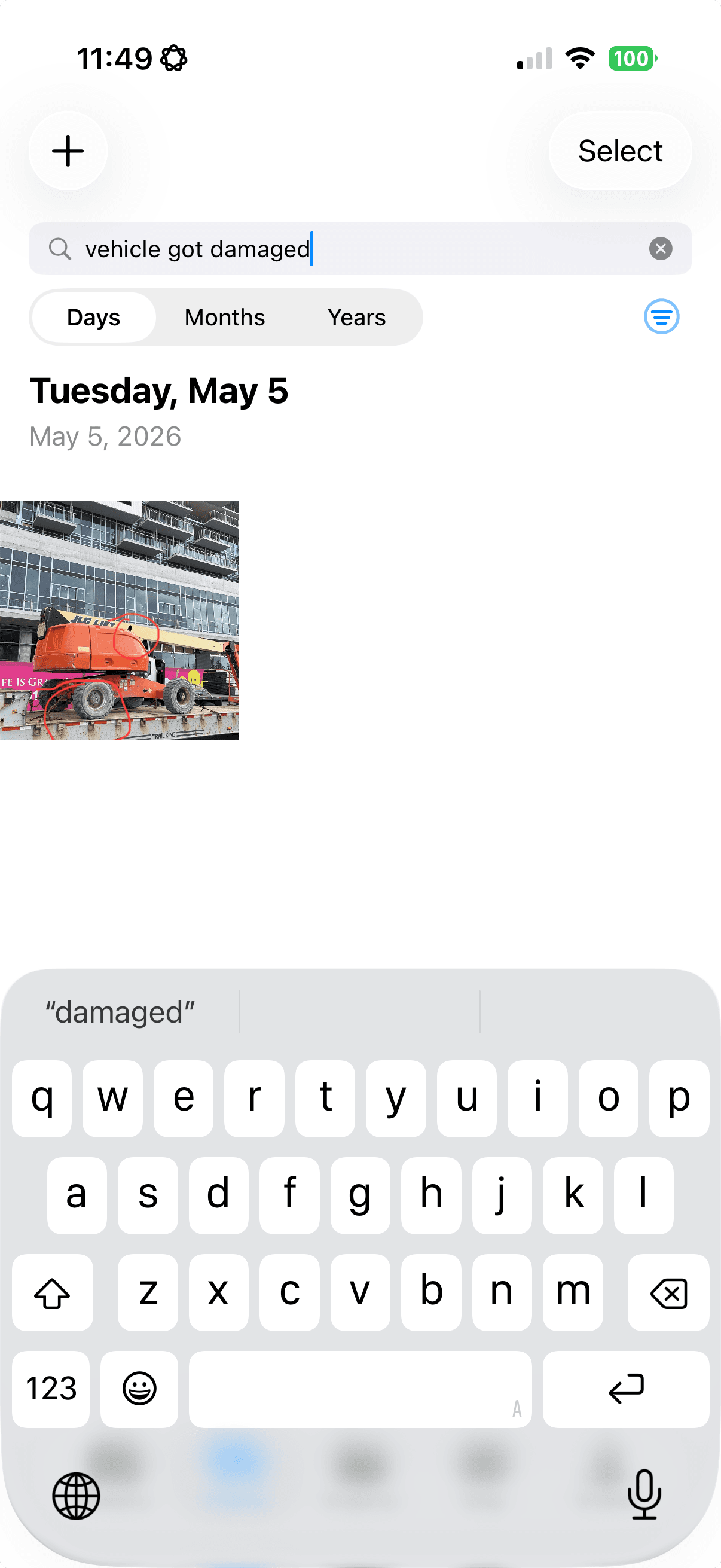 DustiCam photo search screen showing a search for vehicle got damaged with matching jobsite photo