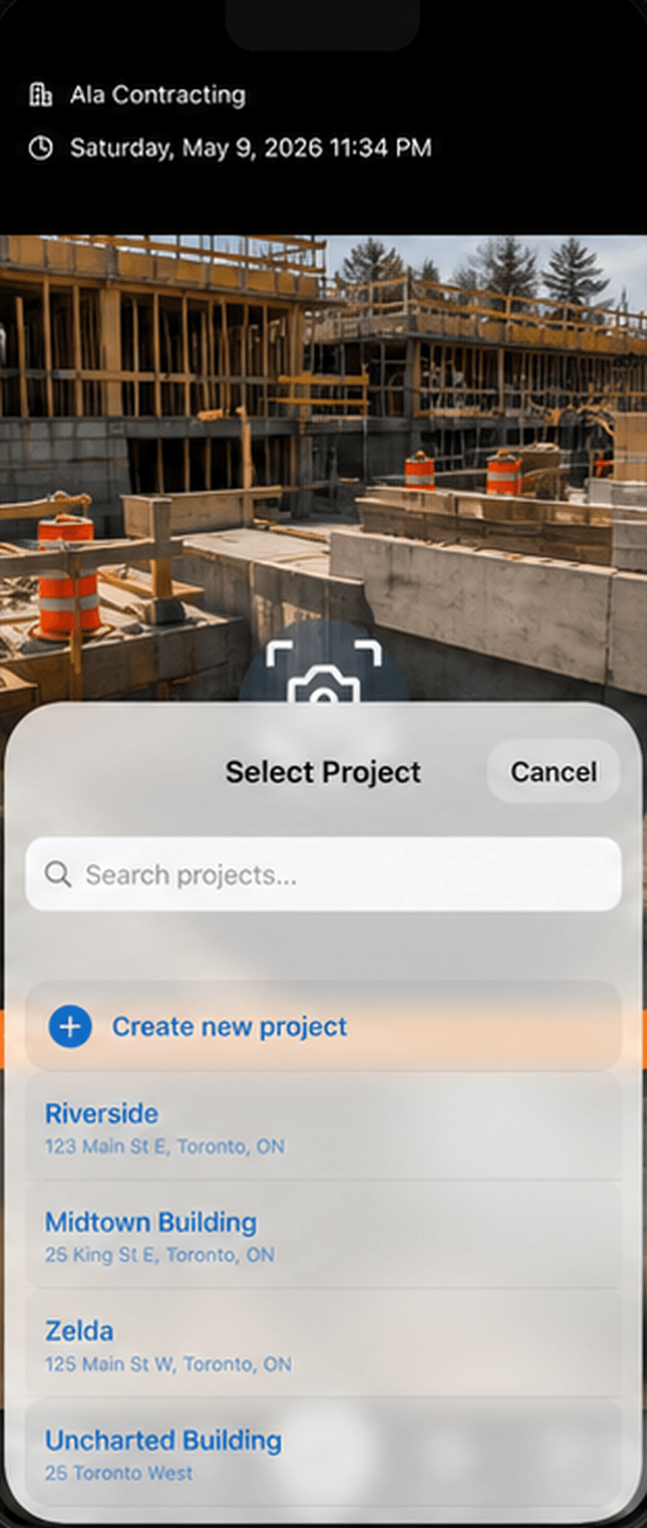 DustiCam project picker shown over a construction site camera view inside an iPhone frame