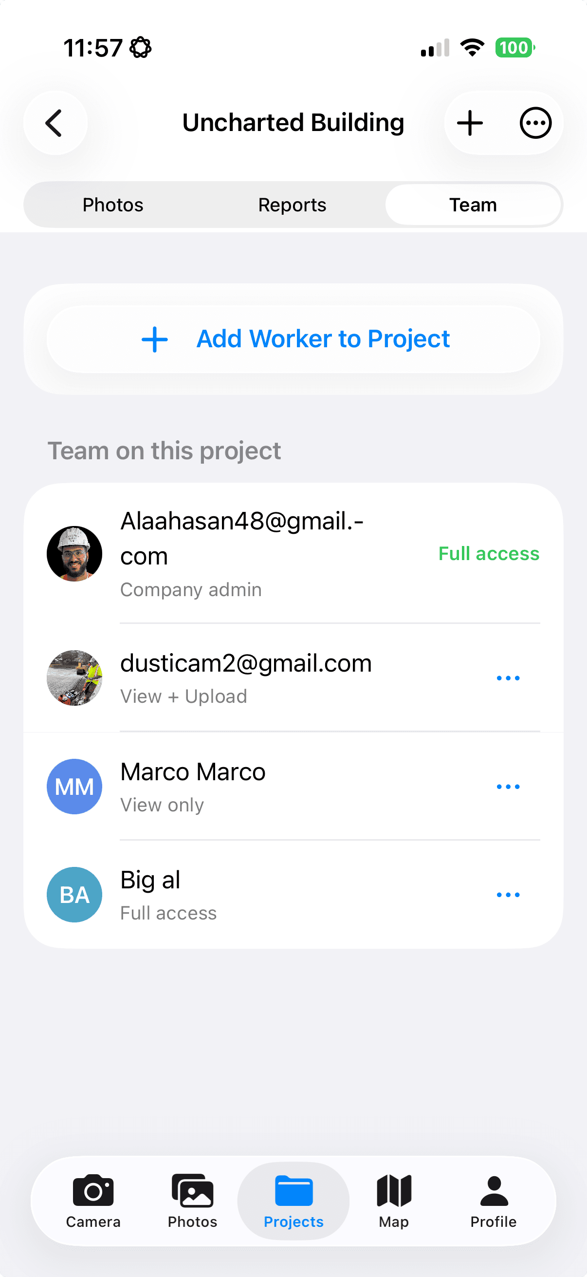 DustiCam project team screen showing workers and permissions for a shared construction project
